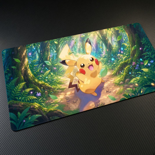 Pikachu Forest Glade Pokémon Playmat at an angle on a gaming desk