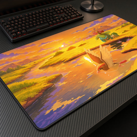 Pidgeot & Venusaur Sunset Pokémon Playmat at an angle on a gaming desk