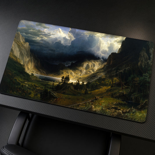 A Storm in the Rocky Mountains Albert Bierstadt Playmat at an angle on a gaming desk