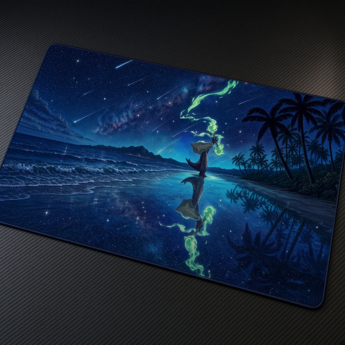 Alolan Marowak Starry Beach Pokémon Playmat at an angle with keyboard and mouse