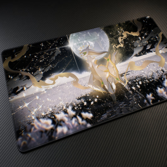 Arceus Judgement Day playmat at an angle on a gaming desk