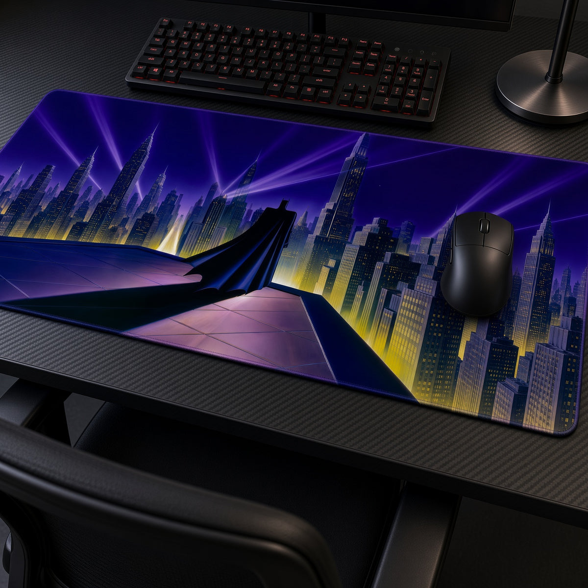 Batman Gotham Skyline DC Playmat at an angle with keyboard and mouse