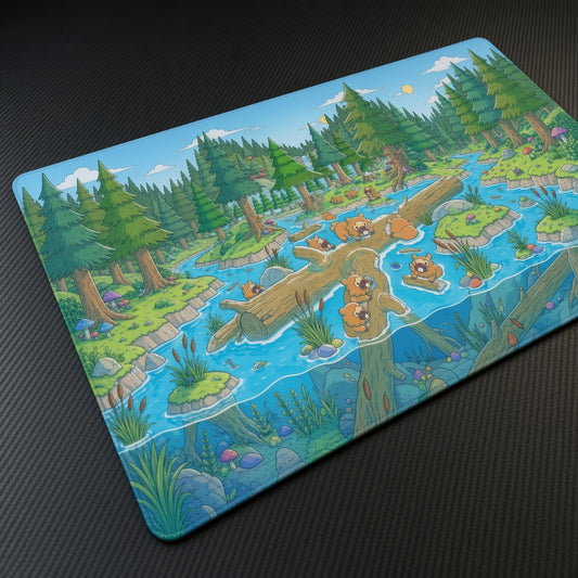 Bidoof River Forest Pokémon Playmat at an angle with keyboard and mouse