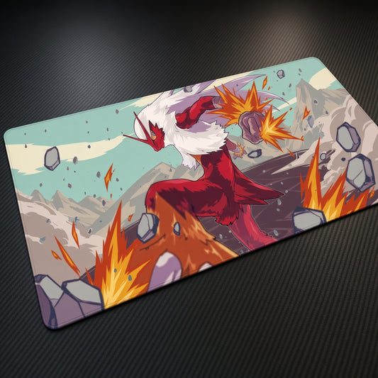 Blaziken Fire Kick Pokémon Playmat at an angle on a gaming desk