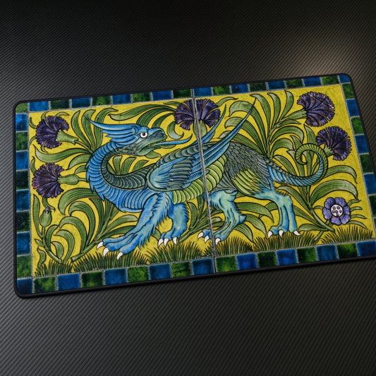 Blue Dragon William De Morgan Playmat at an angle on a gaming desk