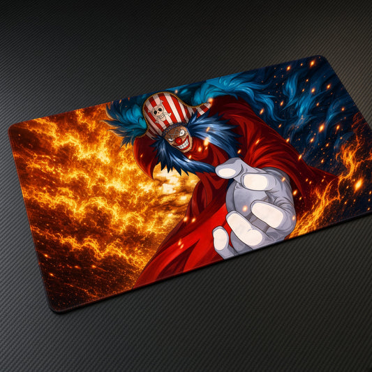 Buggy the Clown One Piece Playmat at an angle on a gaming desk