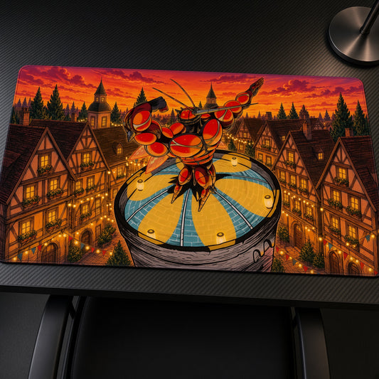 Buzzwole Town Tower Pokémon Playmat at an angle on a gaming desk