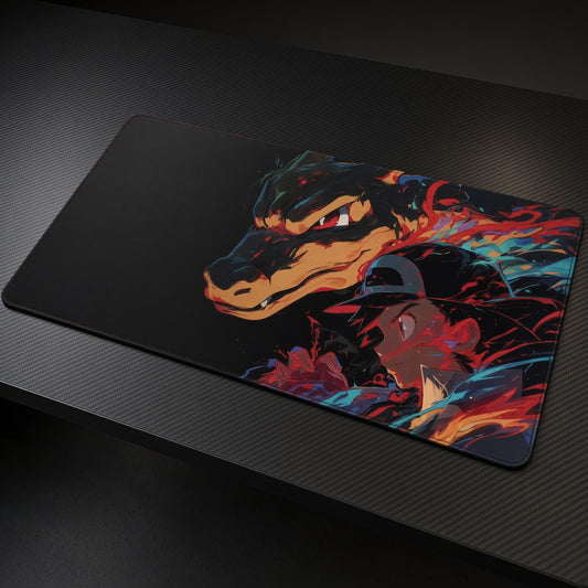 Charizard Dragon Trainer playmat at an angle on a gaming desk