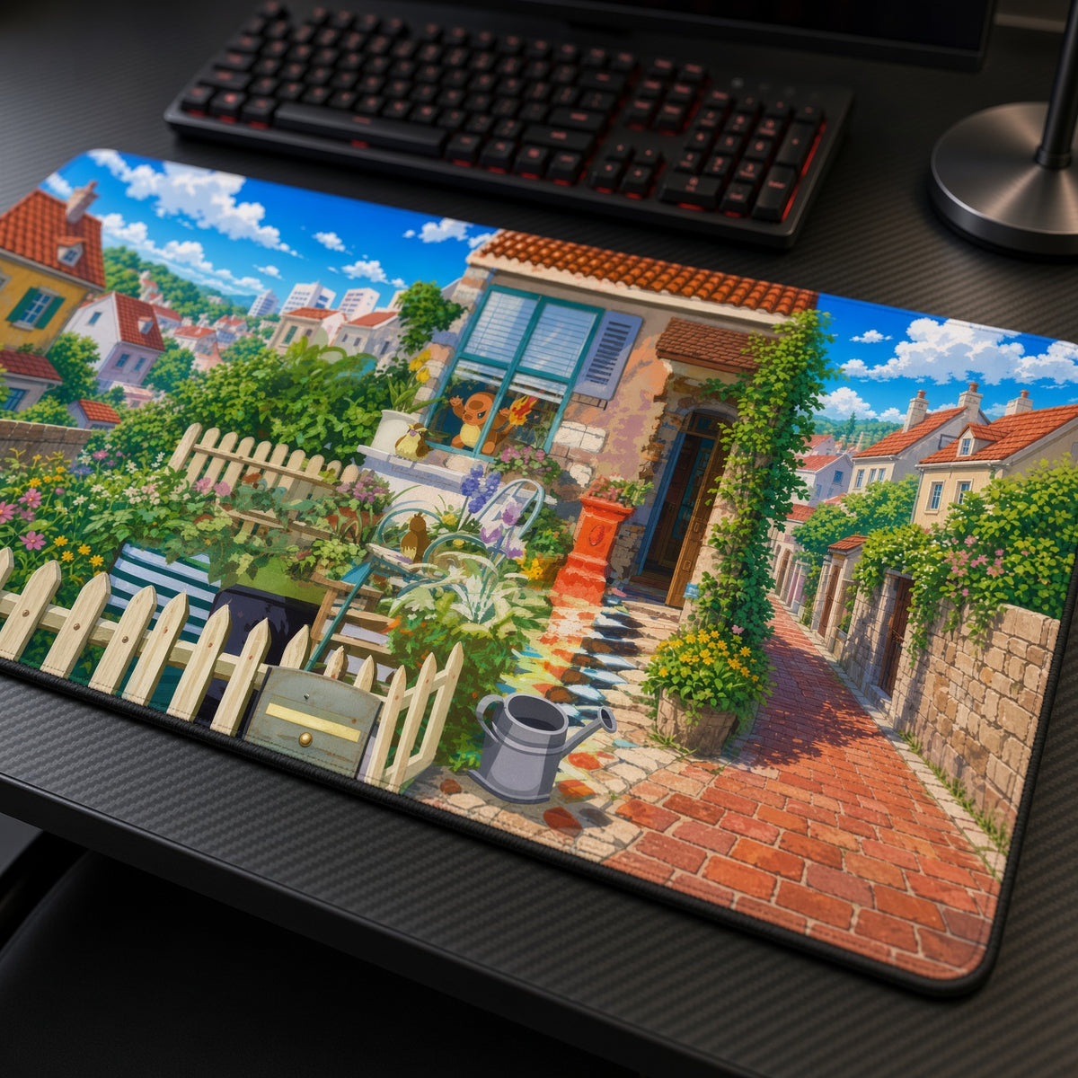 Charmander Village House Pokémon Playmat at an angle with keyboard and mouse