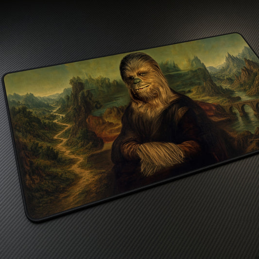 Chewbacca Mona Lisa Star Wars Playmat at an angle on a gaming desk