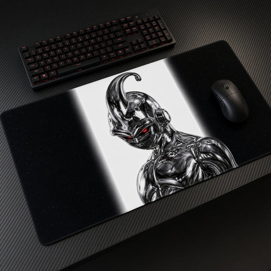 Chrome Super Buu Playmat at an angle on a gaming desk