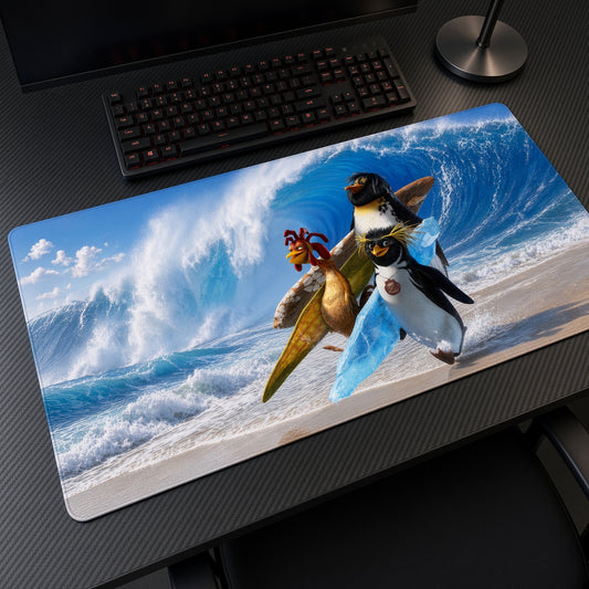 Cody and Chicken Joe Surf's Up Playmat at an angle on a gaming desk