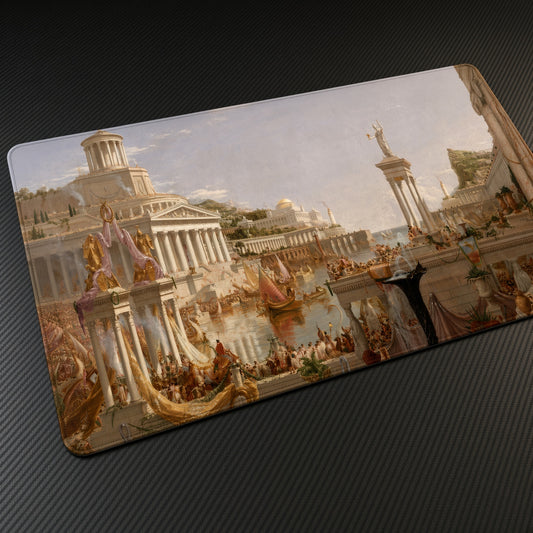 The Course of Empire: The Consummation of Empire Thomas Cole Playmat at an angle on a gaming desk