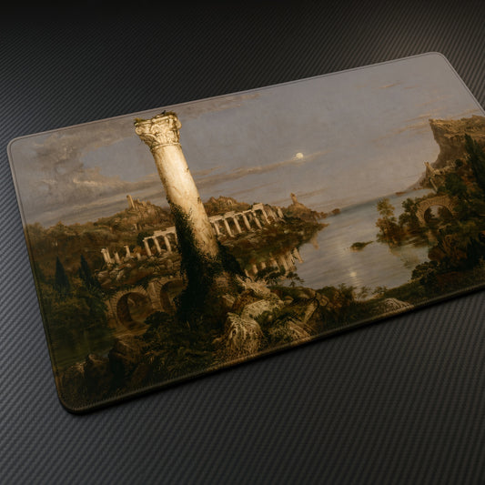 The Course of Empire: Desolation Thomas Cole Playmat at an angle on a gaming desk