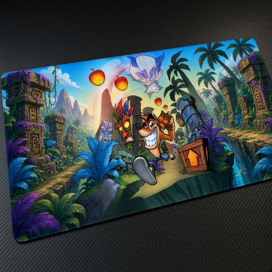 Crash Bandicoot Jungle Temple Playmat at an angle on a gaming desk