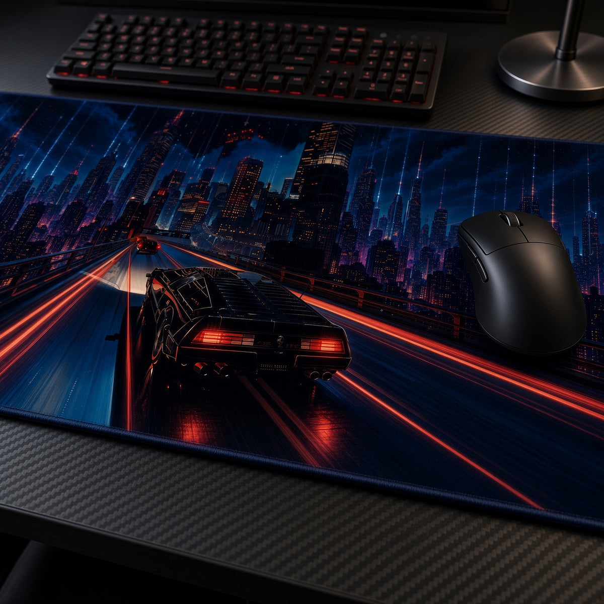 Cyberpunk City Muscle Car Playmat at an angle with keyboard and mouse