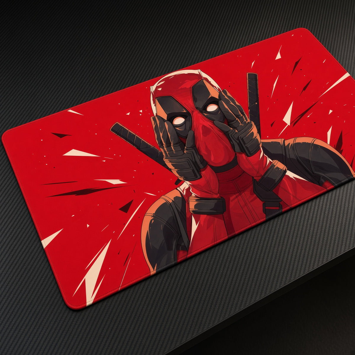 Deadpool Marvel Playmat at an angle with keyboard and mouse