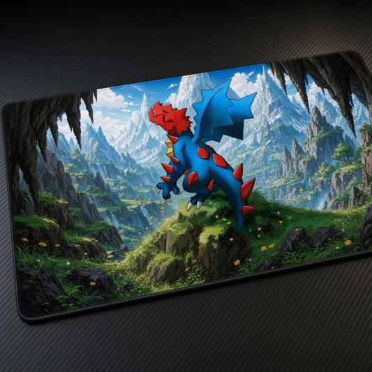 Druddigon Mossy Cave Pokémon Playmat at an angle on a gaming desk