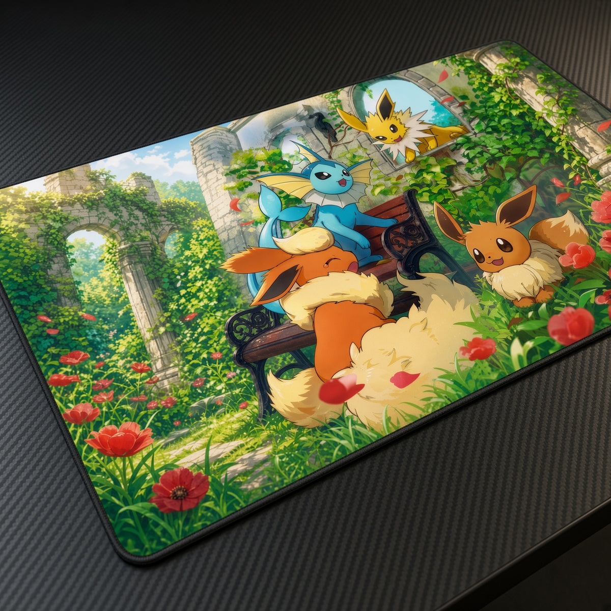 Eevee Evolutions Garden Ruins Pokémon Playmat at an angle with keyboard and mouse