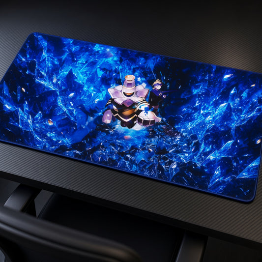 Fantina and Dusknoir Ice Crystal Cavern Pokémon Playmat at an angle on a gaming desk