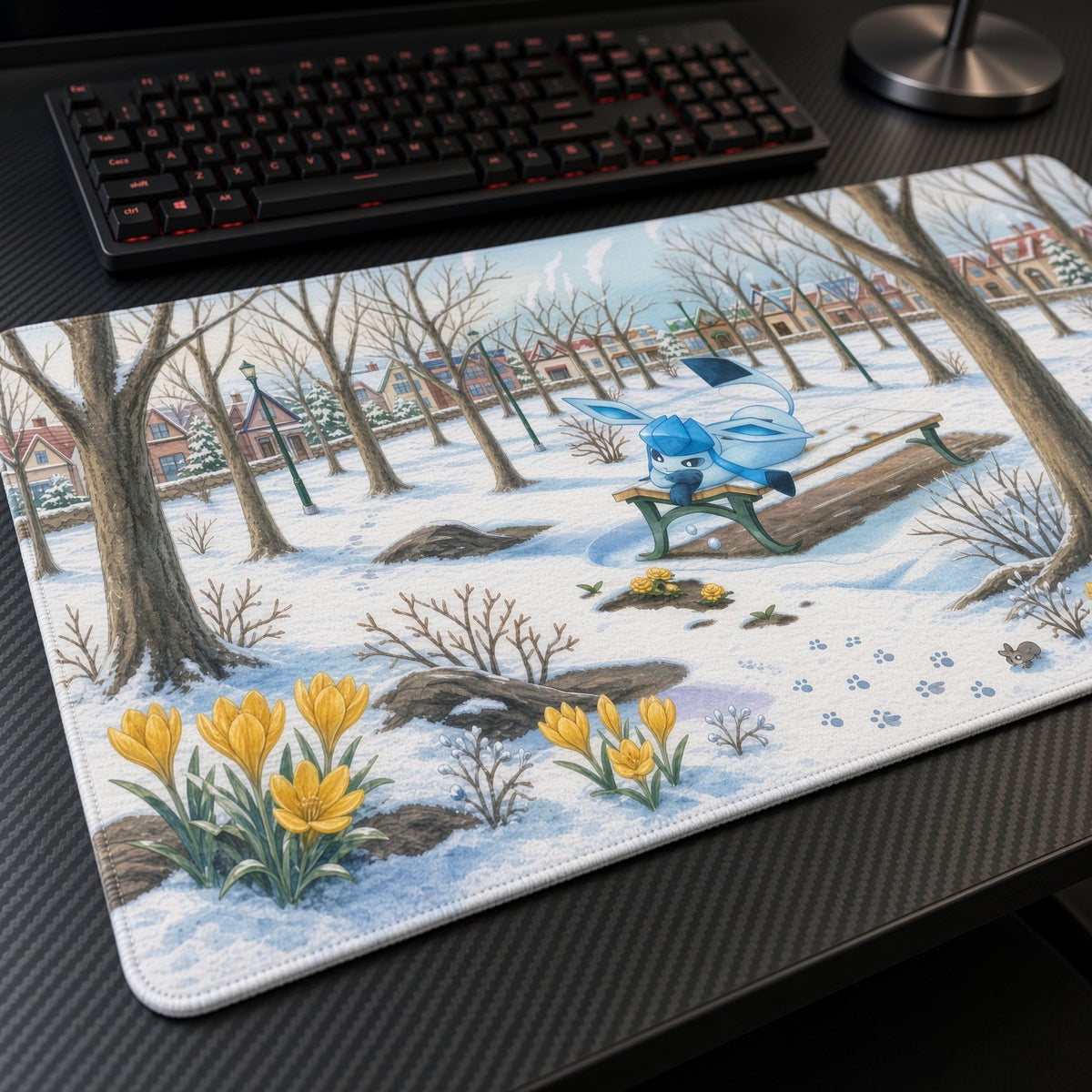 Glaceon Snowy Park Pokémon Playmat at an angle with keyboard and mouse