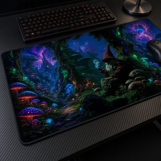 Gnome Mushroom Forest Playmat at an angle on a gaming desk