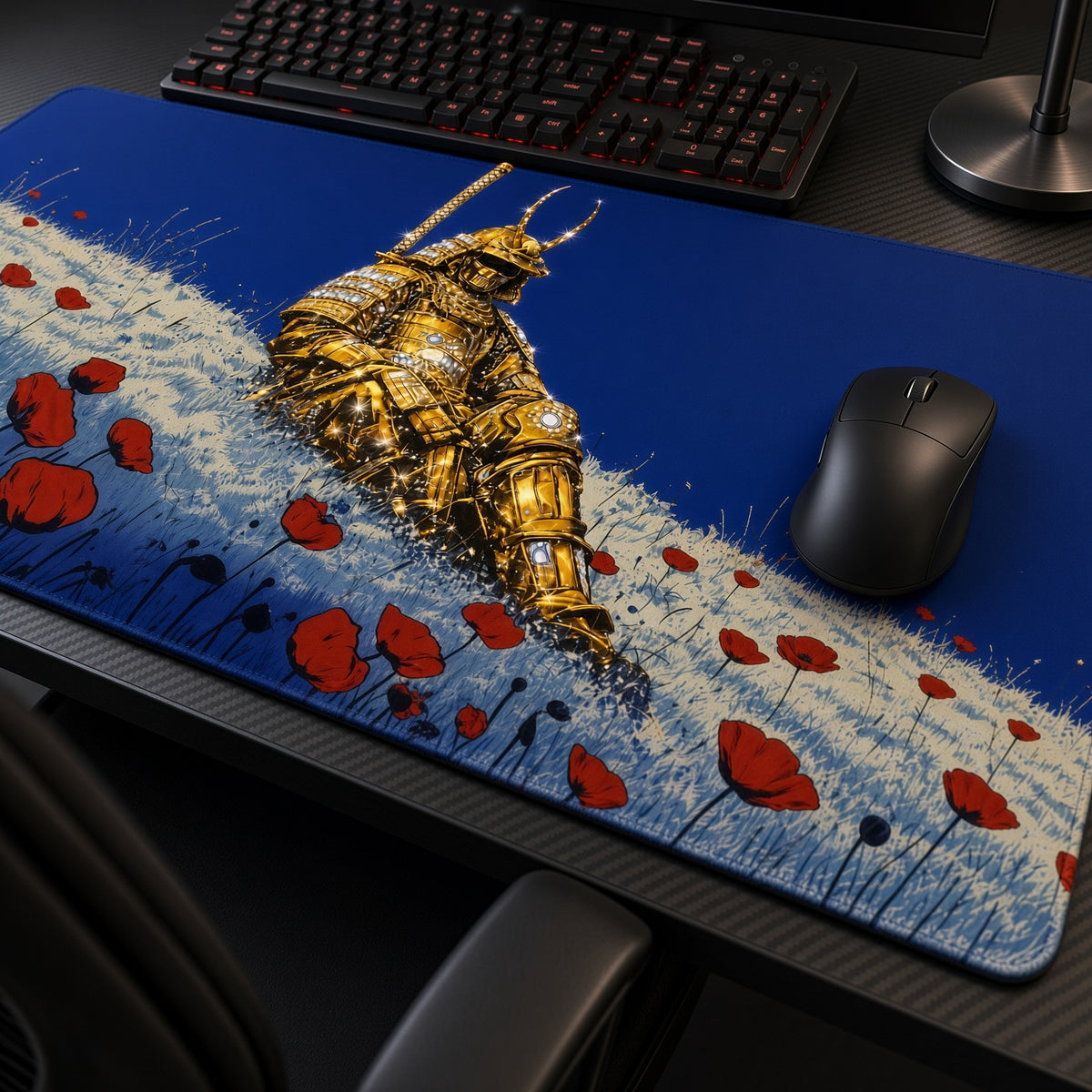 Golden Samurai Poppy Field Fantasy Playmat at an angle with keyboard and mouse