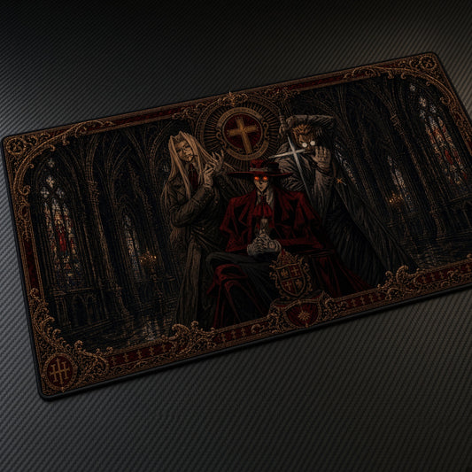 Gothic Cathedral Trio Playmat at an angle on a gaming desk