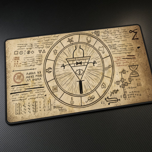 Bill Cipher Zodiac Wheel playmat at an angle on a gaming desk