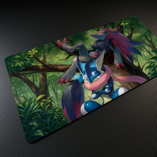 Greninja and Zoroark Jungle Pokémon Playmat at an angle on a gaming desk