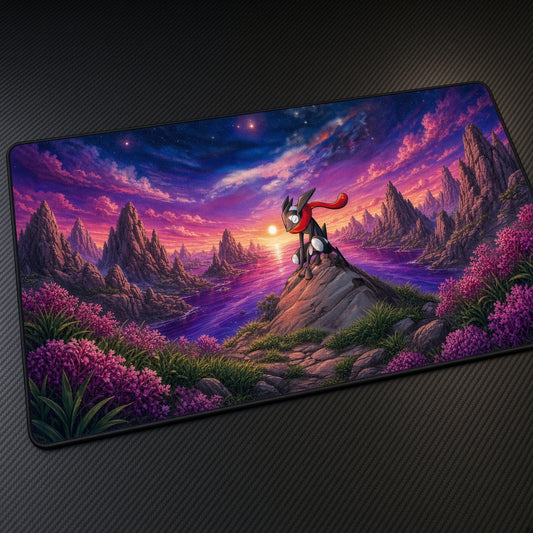 Greninja Mountain Peak Dusk Pokémon Playmat at an angle on a gaming desk