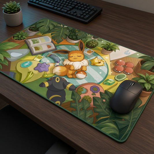 Sleepy Eevee Pokémon Playmat at an angle with keyboard and mouse