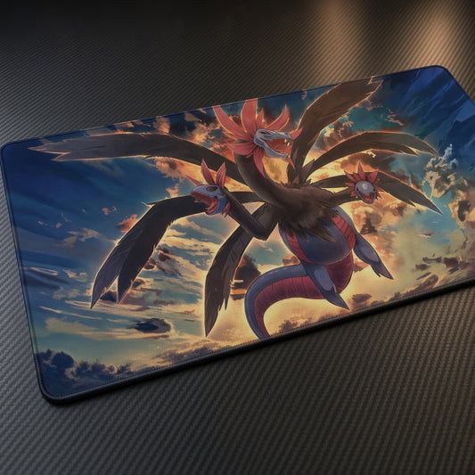 Hydreigon Triple Threat playmat at an angle on a gaming desk