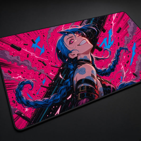 Jinx Neon Arcane Playmat at an angle on a gaming desk