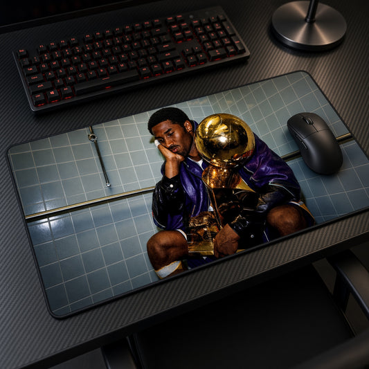 Kobe Bryant Championship Trophies Playmat at an angle on a gaming desk