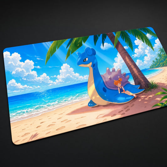 Lapras Tropical Beach Pokémon Playmat at an angle on a gaming desk