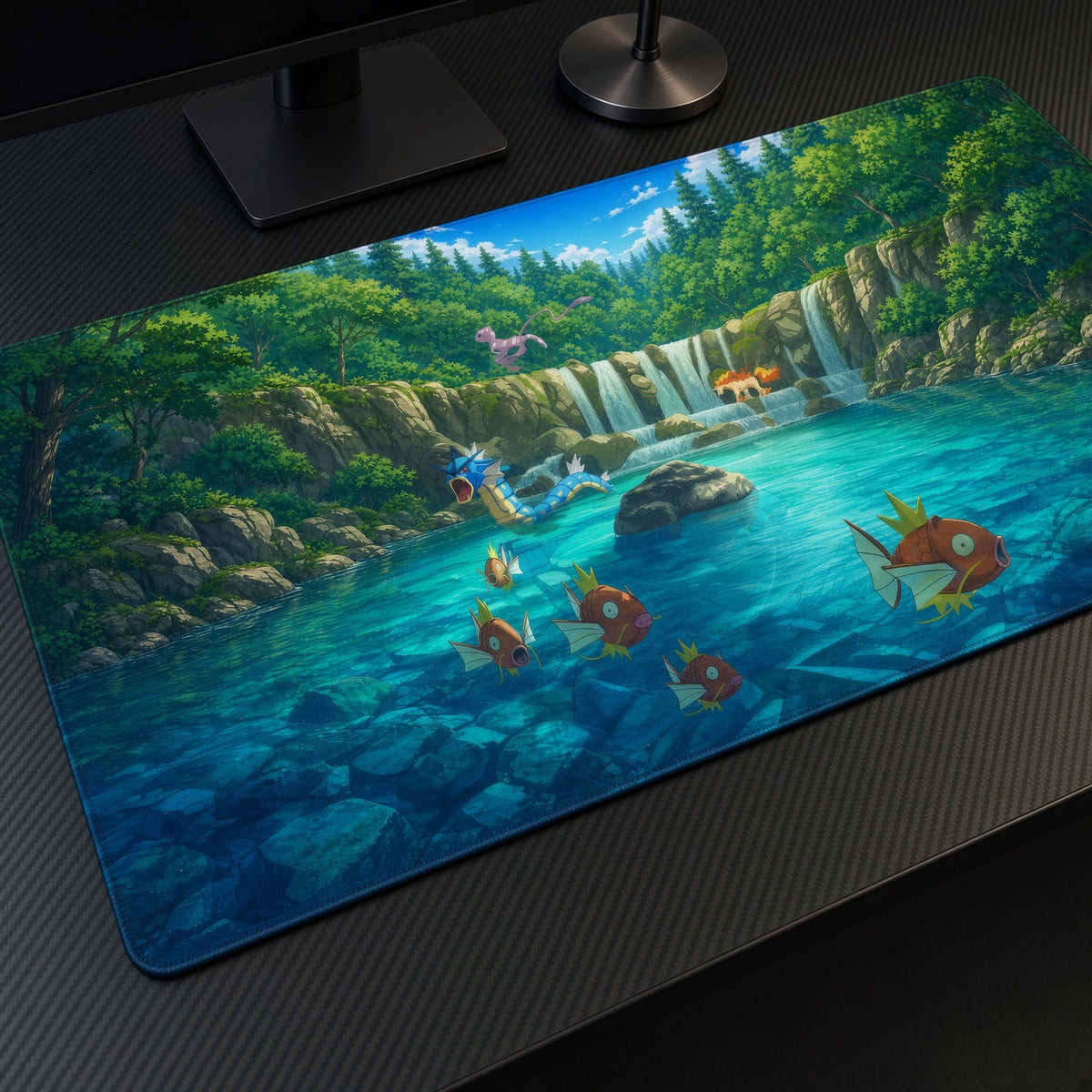 Magikarp Waterfall Pond Pokémon Playmat at an angle with keyboard and mouse