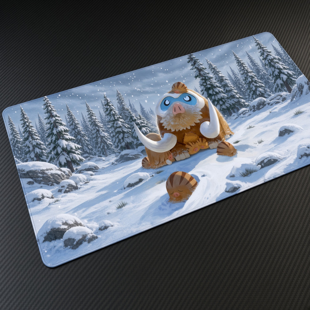 Mamoswine Snow Forest Pokémon Playmat at an angle with keyboard and mouse
