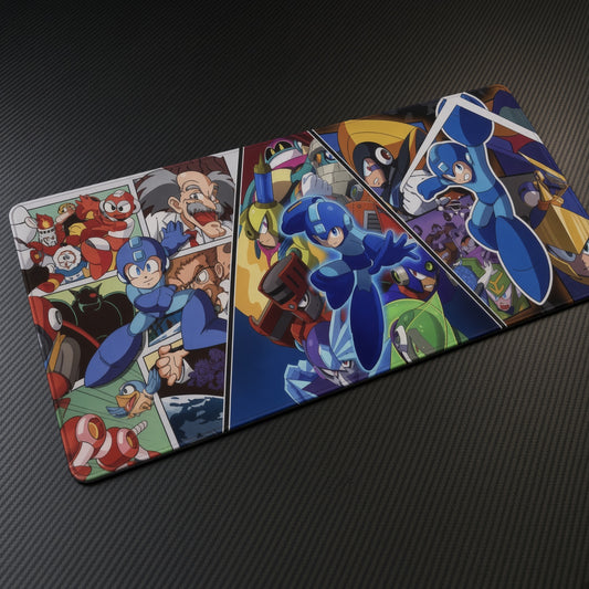 Mega Man Zero playmat at an angle on a gaming desk