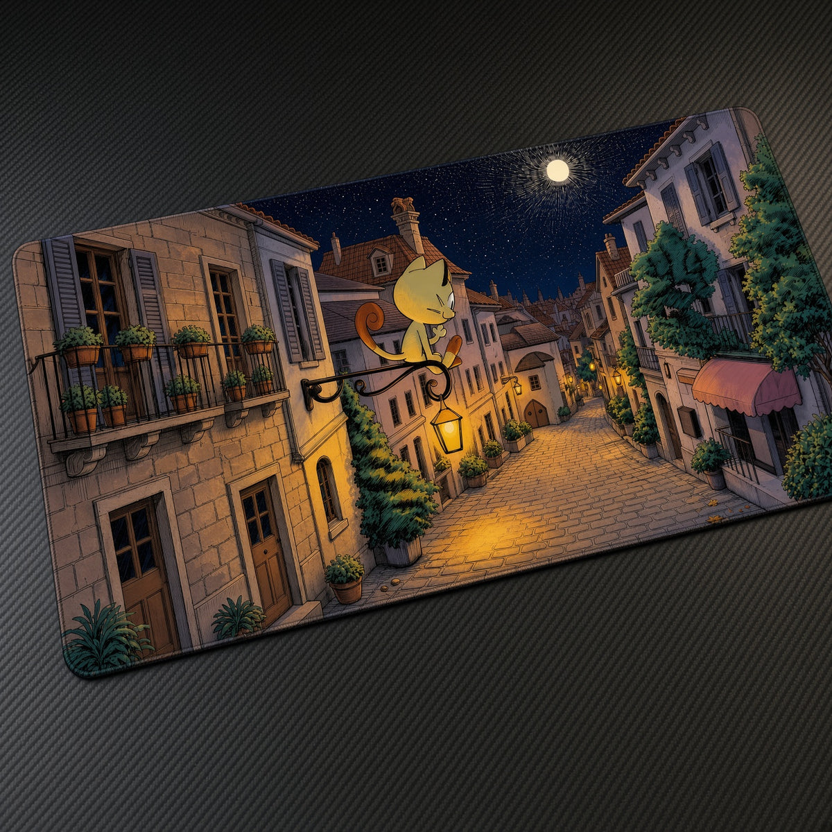 Meowth Night Village Pokémon Playmat at an angle with keyboard and mouse