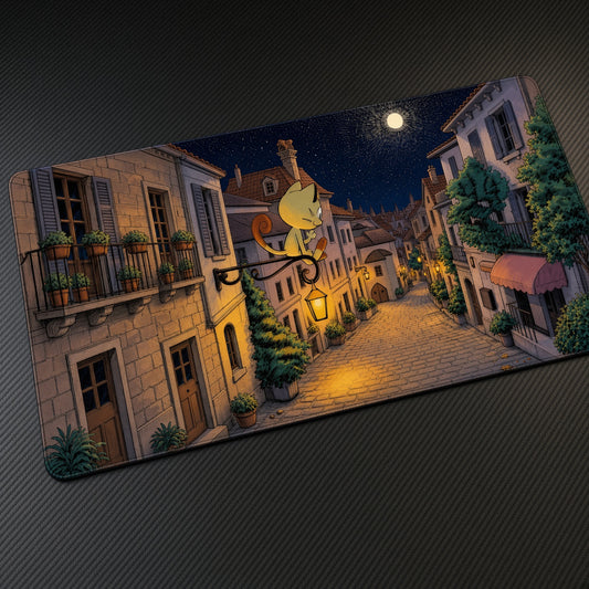 Meowth Night Village Pokémon Playmat at an angle with keyboard and mouse