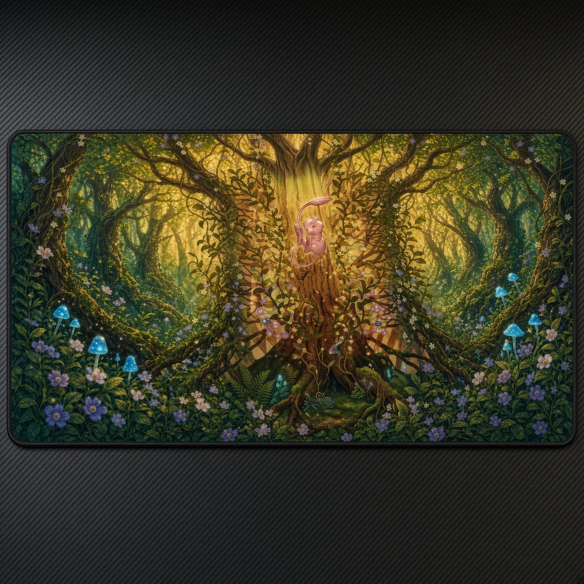 Mew Golden Tree Forest Pokémon Playmat at an angle with keyboard and mouse