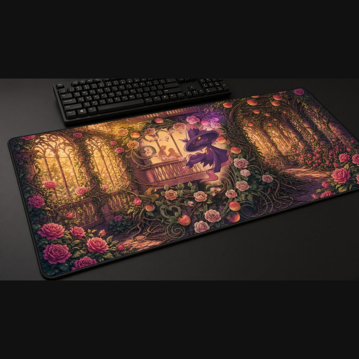 Mismagius Rose Conservatory Pokémon Playmat at an angle with keyboard and mouse