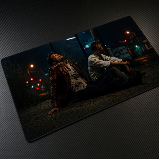 Night Street Two Men Cinematic Playmat at an angle on a gaming desk