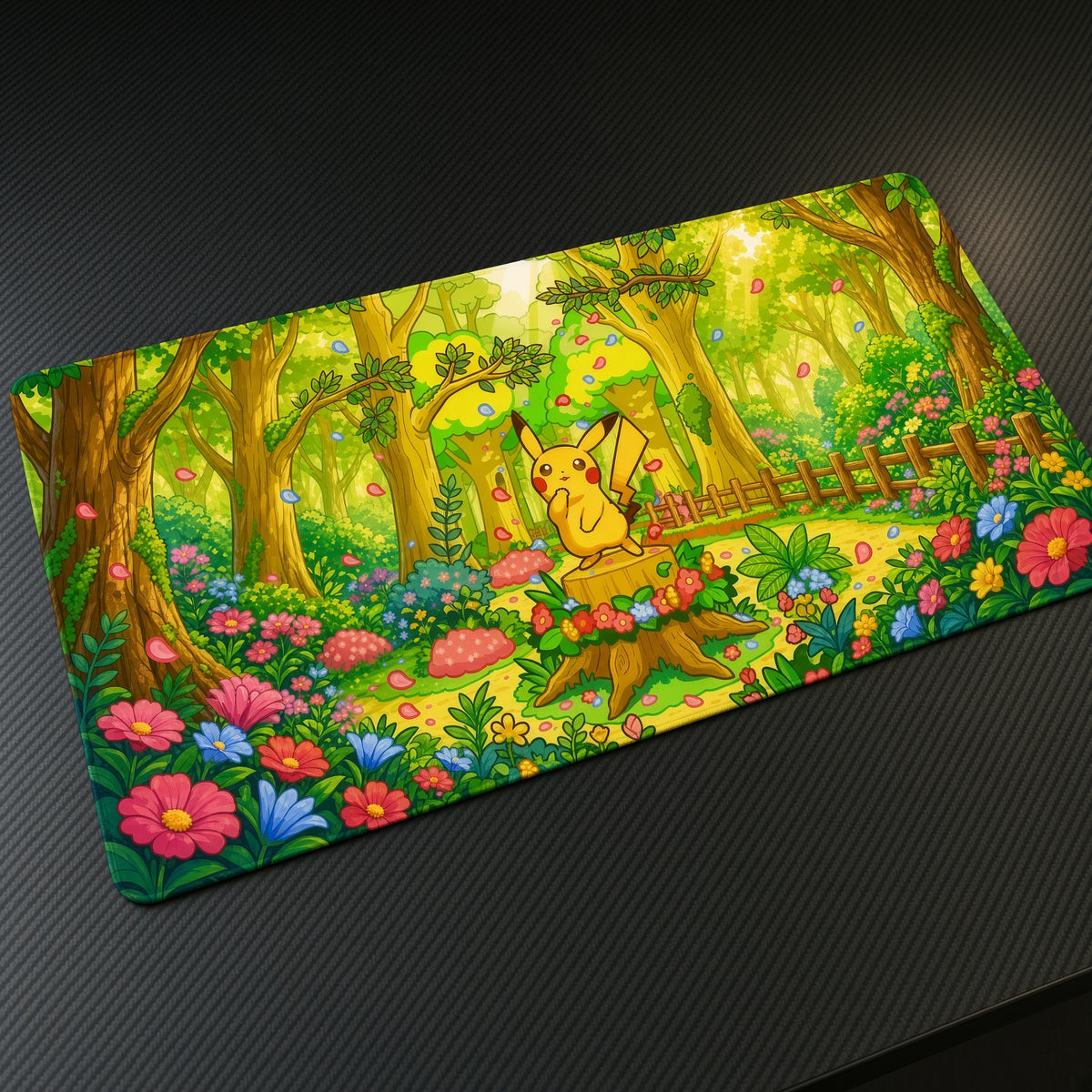 Pikachu Flower Forest Pokémon Playmat at an angle with keyboard and mouse