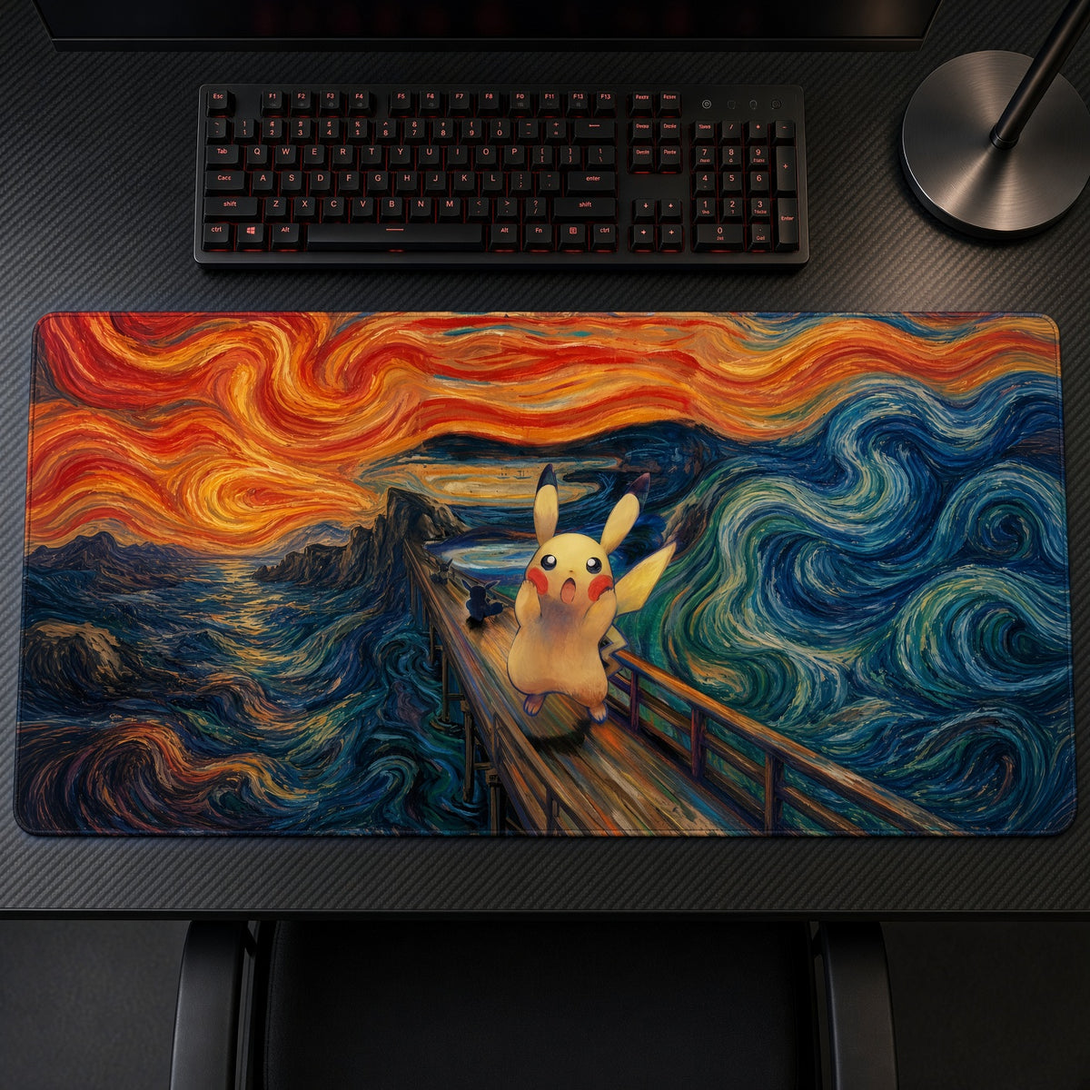 Pikachu The Scream Pokémon Playmat on a gaming desk, top-down view
