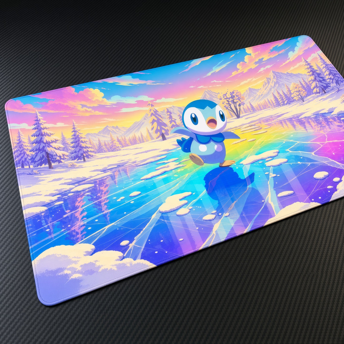 Piplup Rainbow Ice Lake Pokémon Playmat at an angle with keyboard and mouse