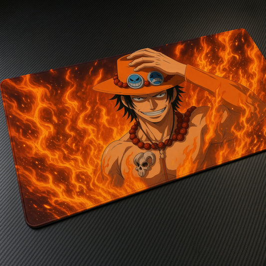 Portgas D. Ace Fire Fist One Piece Playmat at an angle on a gaming desk