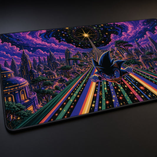 Psychedelic Rainbow Road Temple Playmat at an angle on a gaming desk