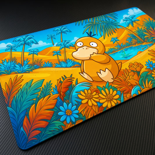 Psyduck Tropical Oasis Pokémon Playmat at an angle with keyboard and mouse
